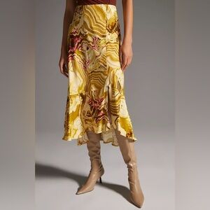 Anthropologie women’s xs yellow midi flounced skirt patterned